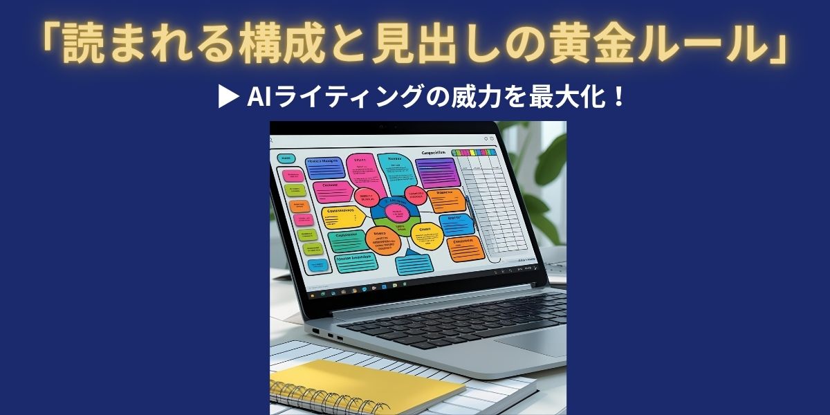 AIライティングで読まれる構成と見出し作成の黄金ルールを解説する記事のアイキャッチ画像。ノートPCにカラフルな構成図が映し出されている。