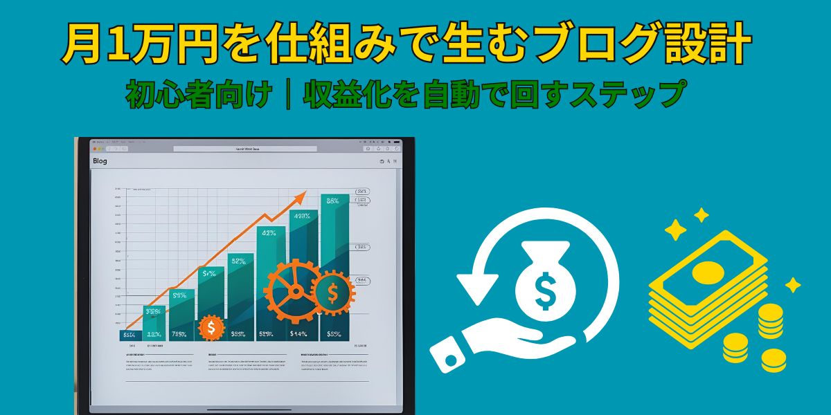 初心者向けブログ収益化の仕組み化ステップを紹介するアイキャッチ画像。月1万円を目指す収益構造が視覚的に表現されている